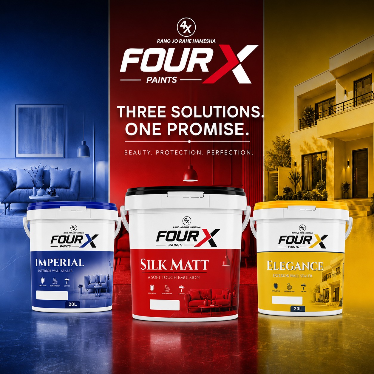 FourX Paints — Imperial, Silk Matt and Elegance buckets